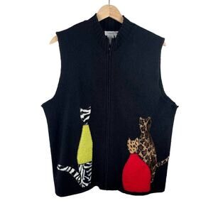Cats Wool Vest Full Zip Black Animal Print - Size L
